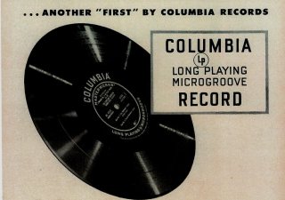 Jeden z prvních inzerátů vydavatelství Columbia Records propagující nový vynález, nahrávky na dlouhohrající vinylové LP desce z roku 1948.
