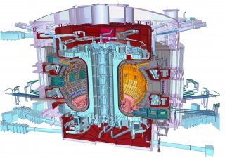 Průřez reaktorem ITER. Uvnitř je nádoba ve tvaru pneumatiky, v níž se budou srážet vodíková jádra rozhýbaná magnetickým polem díky magnetu v centru „pneumatiky“ a magnetům zvenčí. Stavba a provoz měly stát deset miliard eur, reálné náklady však budou minimálně dvojnásobné.