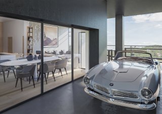 Vizualizace loftového bydlení s automobilovým miláčkem zaparkovaným vedle bytu - Vanguard