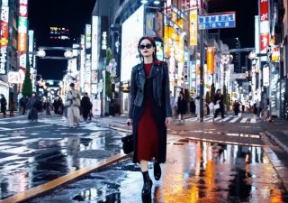Dáma vytvořená umělou inteligencí na procházce tokijskou ulicí.