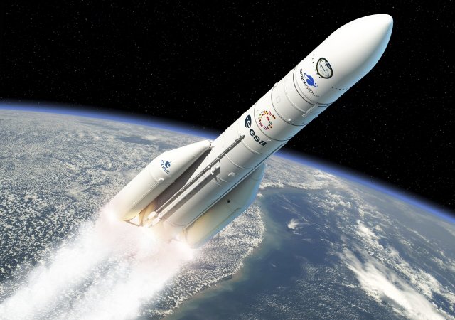 Malířova představa letu nové rakety Ariane 6.