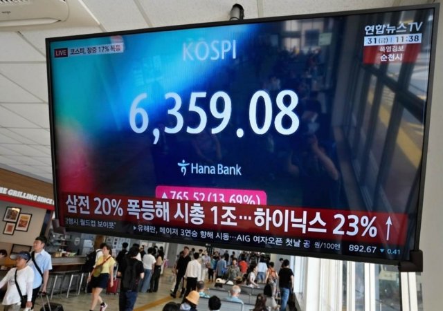 Korejský kompozitní index akcií (KOSPI) zobrazený na jedné z TV obrazovek na autobusovém nádraží v Soulu, 31. července 2026.