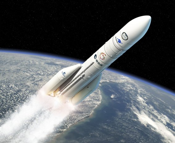 Malířova představa letu nové rakety Ariane 6.