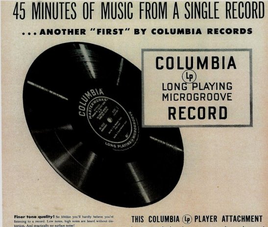 Jeden z prvních inzerátů vydavatelství Columbia Records propagující nový vynález, nahrávky na dlouhohrající vinylové LP desce z roku 1948.