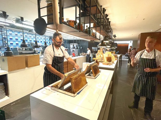 Na střeše pražského hotelu Marriott bzučí pět úlů. O včely se tu nestará externí firma, ale šéfkuchař restaurace The Artisan David Rejhon se svým zástupcem Peterem Mikulášem.