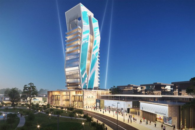Ztvárnění nového nákupního centra plánovaného v novém luxusním hlavním městě Zimbabwe zvaného Cyber ​​City.