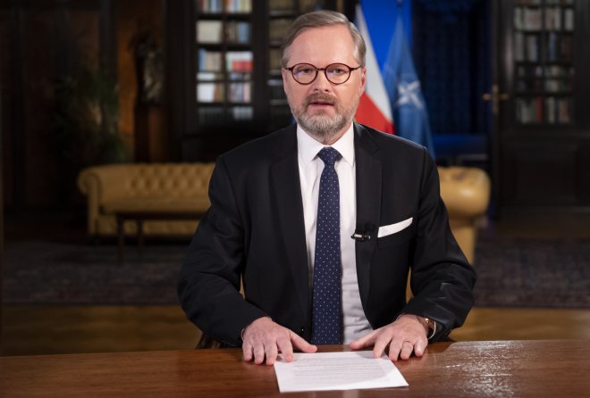 Premiér Petr Fiala (ODS) při novoročním projevu 1. ledna 2022