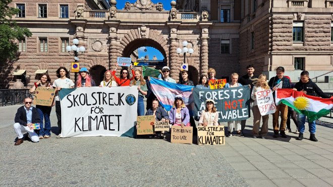 Švédská ekologická aktivistka Greta Thunbergová (vpravo dole) oznámila, že ukončila střední školu, a tím také končí své školní stávky za klima.