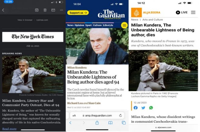 Úmrtí Milana Kundery zaznamenala řada světových médií v Evropě, v zámoří i arabském světě.