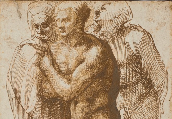 Michelangelo Buonarroti: A nude young man (after Masaccio) surrounded by two figures (výřez)