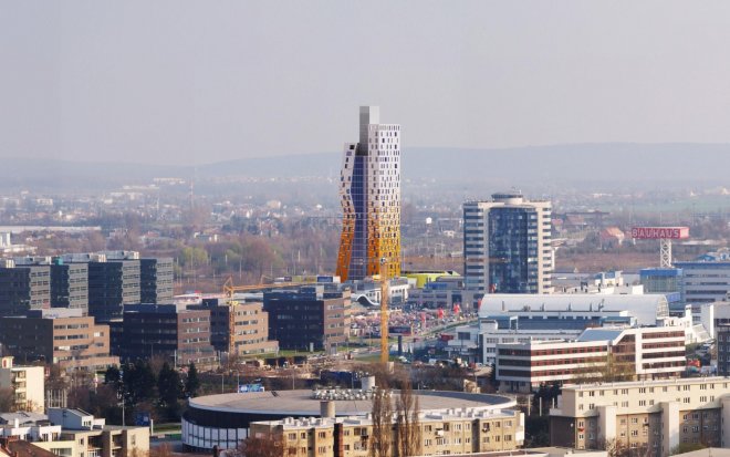 Vizualizace nové nejvyšší budovy v ČR AZ Tower. Budova bude mít po dokončení výšku 109,1 m