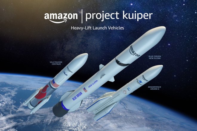 Koncept raket Ariane 6, New Glenn a Vulcan Centaur, které má používat projekt Kuiper společnosti Amazon pro vynesení satelitů pro satelitní internet.