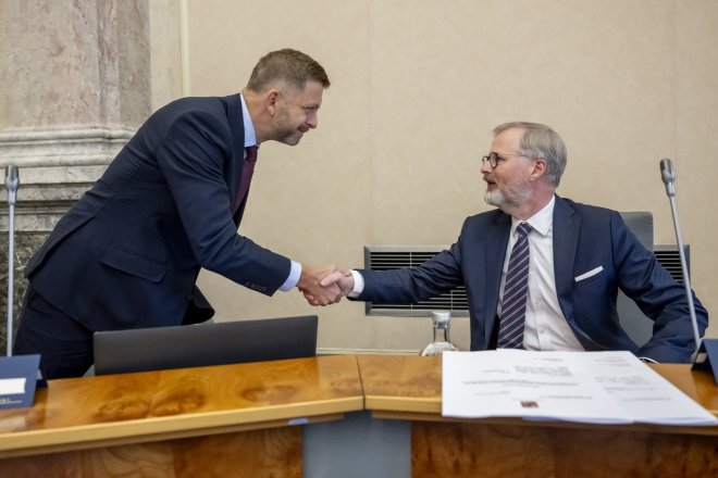 Premiér Petr Fiala a ministr vnitra Vít Rakušan.