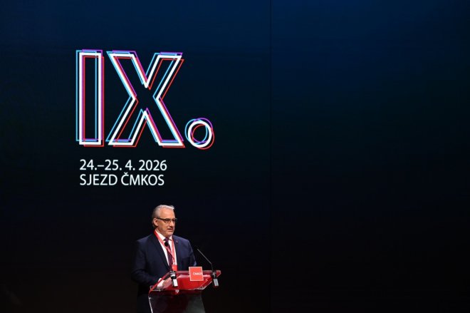 Předseda ČMKOS Josef Středula na sjezdu Českomoravské konfederace odborových svazů (ČMKOS), 24. dubna 2026, Praha.