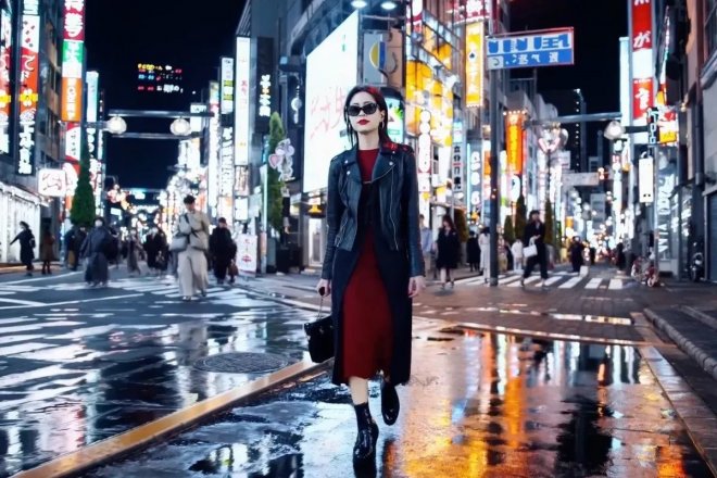 Dáma vytvořená umělou inteligencí na procházce tokijskou ulicí.