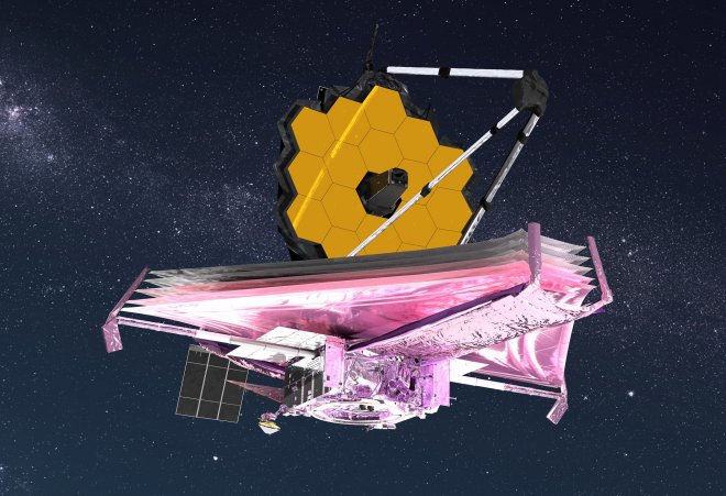 Takto bude vypadat unikátní teleskop Jamese Webba, až dorazí na místo určení.