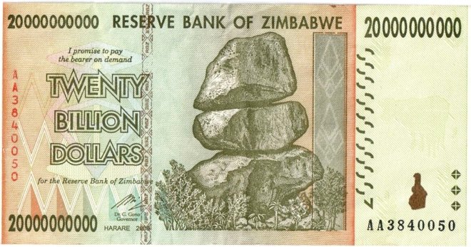 Bankovka ze Zimbabwe z roku 2008 v hodnotě 20 milliard zimbabwských dolarů byla jedním ze symbolů tehdejší megainflace.