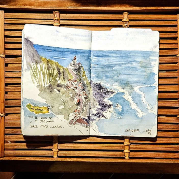 Vera.t.paints - Azorský skicář - Maják Farol Ponta do Arel, Sao Miguel, Azory