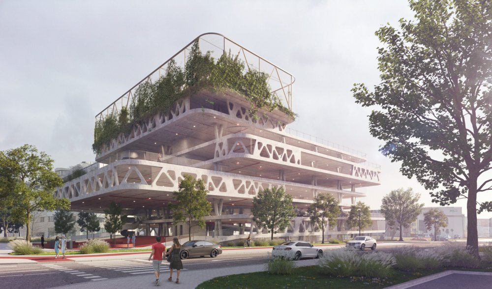 Parkovací dům podle architekta Davida Kotka připomíná dlouhou rampu, je celý porostlý zelení a na střeše bude mít multifunkční hřiště.