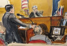 Kresba bývalého amerického prezidenta Donalda Trumpa u soudu na Manhattanu