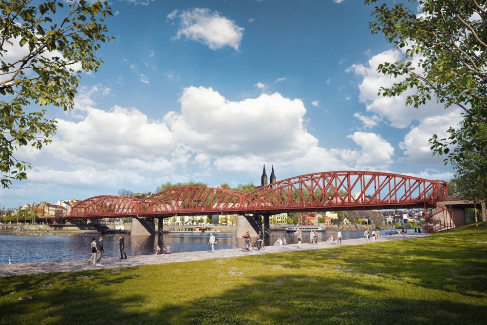 Pohled ze Smíchovské náplavky přes most směrem k Vyšehradu - rekonstruovaný most se třetí kolejí. 