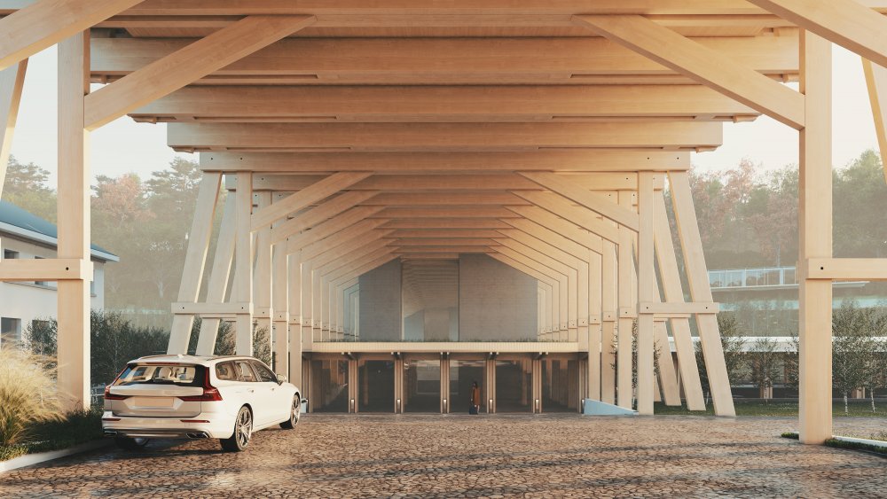 V komplexu je veškerá automobilová doprava nemyslitelná, a tak slouží parkovací dům k odložení automobilu při vjezdu do areálu. 