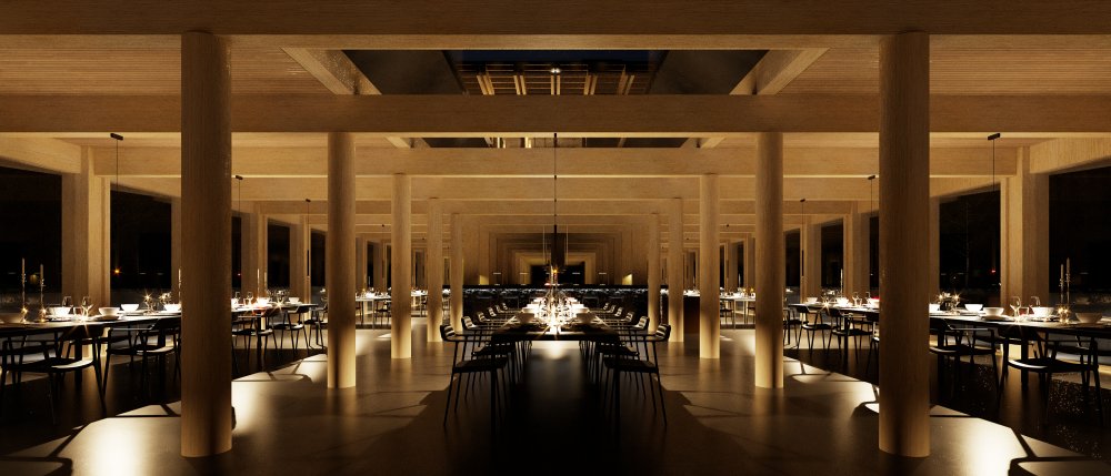 Na hotel navazuje restaurace. Jednopodlažní stavba zanořená do vodní hladiny pod mostem. 