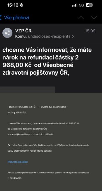 Podvodná zpráva - vrácení přeplatku