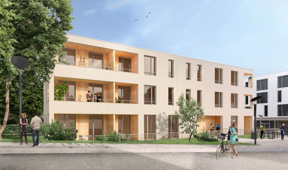V poslední fázi, dokončení plánuje developer na konec roku, vzniká rovněž třípodlažní bytový dům ze dřeva.