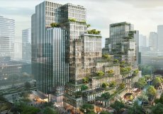 •	Urban Glen - Chang-čou, Čína - Proplétající se terasy a zelené plochy maximalizují přirozené denní světlo pro obě věže a zároveň vytvářejí vizuální spojení mezi vnějšími a vnitřními prostory.