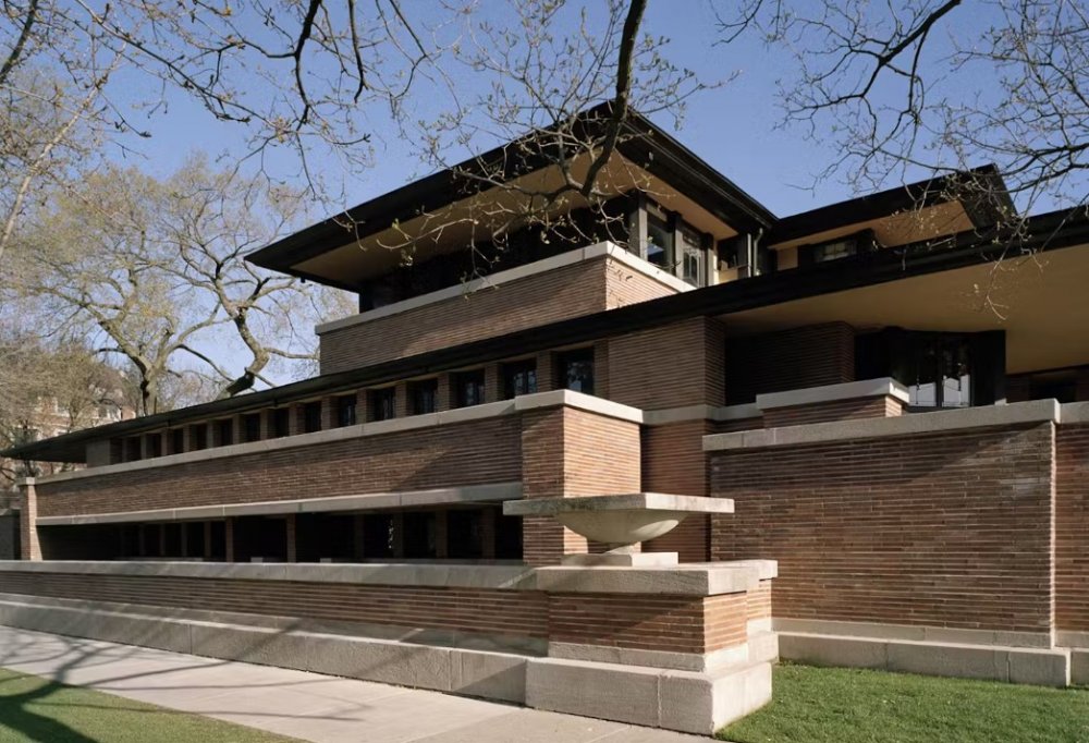 Robie House, Chicago, Illinois: Také další z domů Franka Lloyd Wrighta, dům Fredericka C. Robieho, se řadí k prérijnímu stylu. 