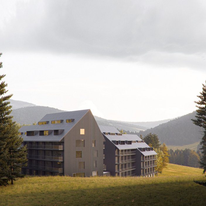 Hotel v Harrachově spojuje moderní design s tradiční horskou architekturou Krkonoš a Jizerských hor.
