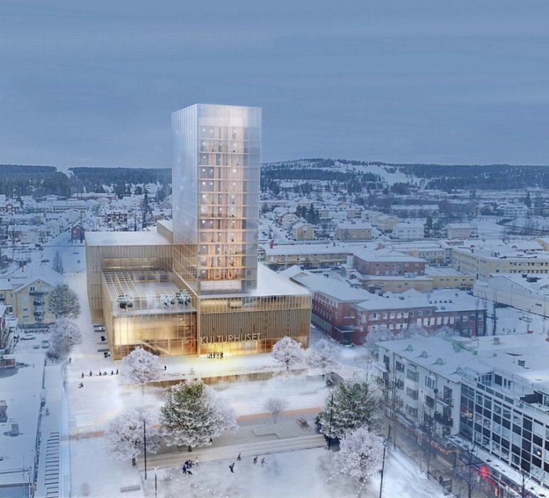 Kulturní centrum s názvem Sara Kulturhus Center navrhlo architektoické studio White Arkitekter v souladu se svým plánem z roku 2020, v němž se zavázalo minimalizovat uhlíkovou stopu svých staveb. 