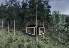 Glamping Bedřichov - Anna Hvězdová, ČVUT - Kabina je vybudována ± 3 metry nad terénem. Vede k ní lávka, která vytváří jednoduchou síť nad borůvčím a propojuje ji s ostatními kabinami. Díky umístění prosklení směrem na jih/jihovýchod dochází k solárním ziskům i během zimních měsíců a je umožněn otevřenější výhled do krajiny.