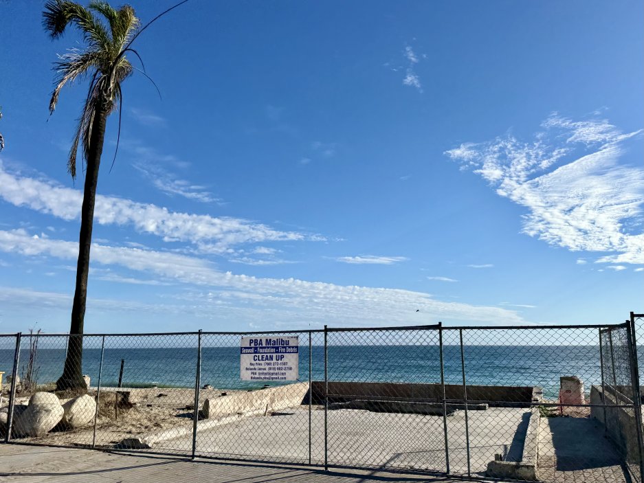 P&B Malibu Clean Up - Zásahové týmy čistí zbytky spálenišť přímo u pobřeží. Na místě, kde kdysi stály domy, zůstaly jen palmy a základy.