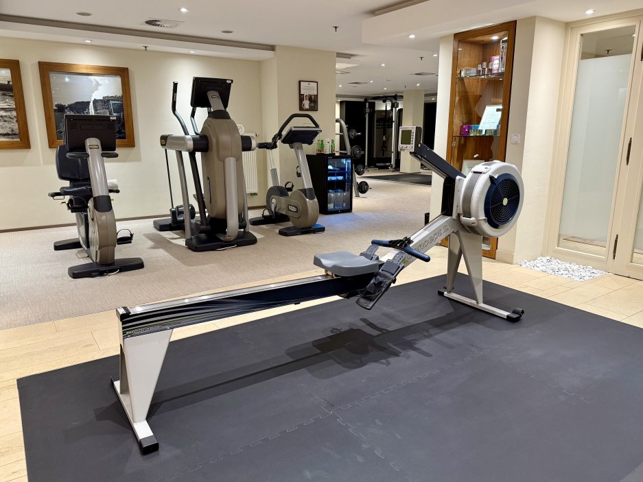 Přehled fitness prostoru s kombinací kardio strojů a funkční zóny. Dispozice je navržená spíše pro individuální trénink než pro skupinový provoz