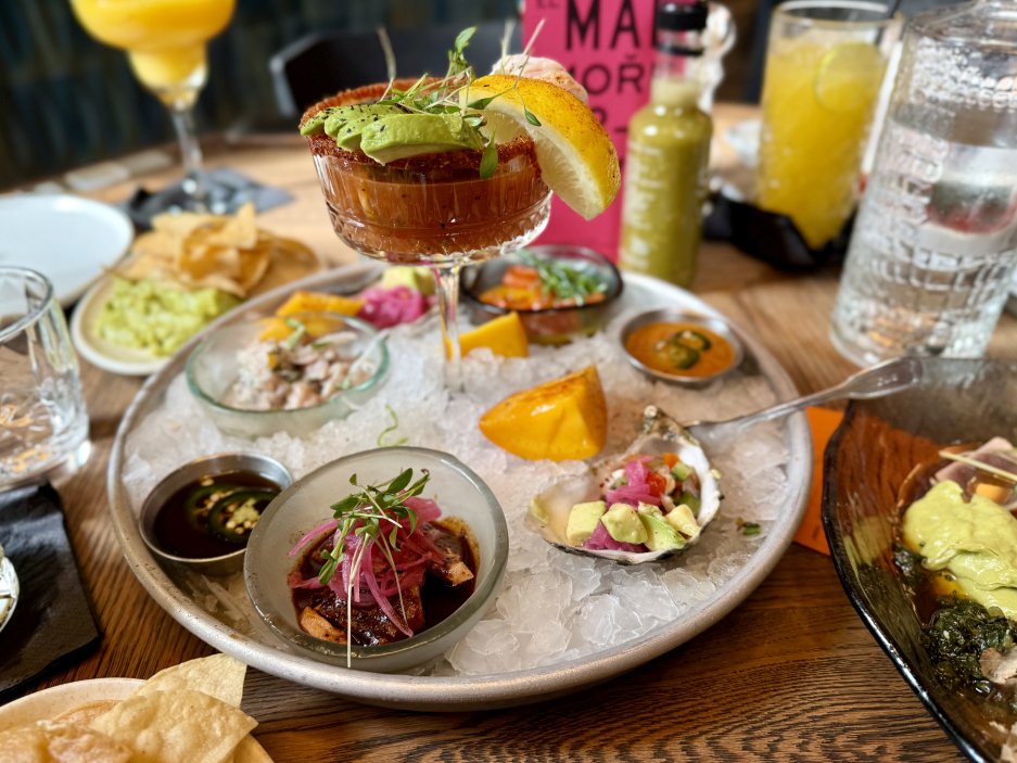 Detail ceviche servírovaného na ledové míse s různými druhy mořských plodů.