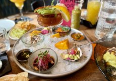 Detail ceviche servírovaného na ledové míse s různými druhy mořských plodů.