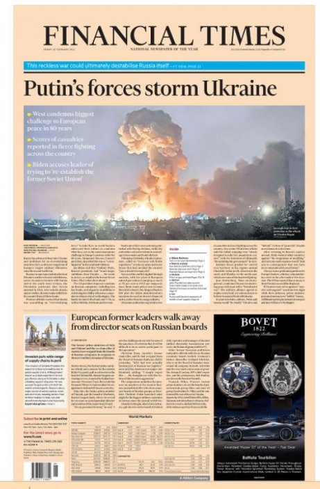 Putinova vojska zaútočila na Ukrajinu, píše Financial Times