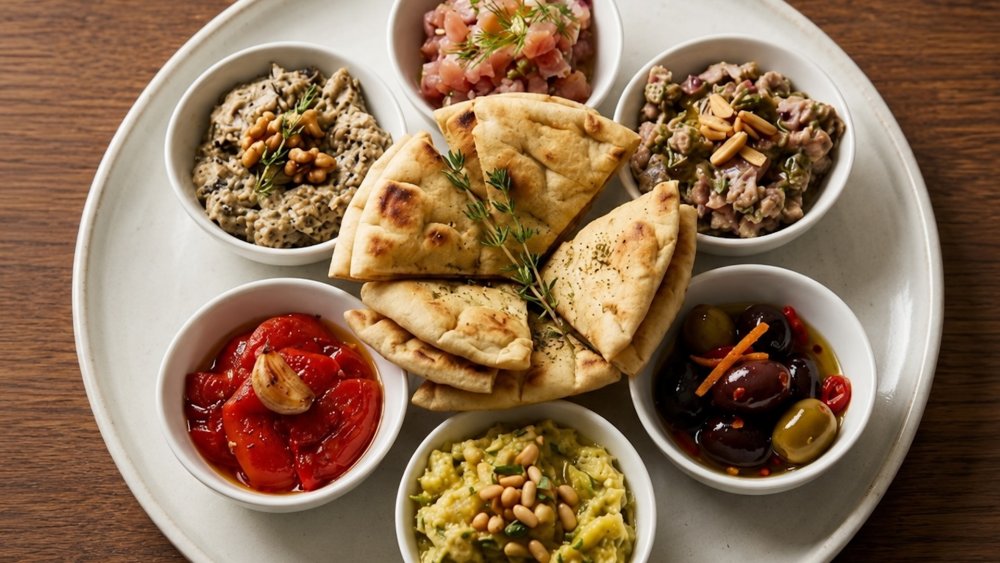 Mezze. Na talíř v tomto případě dostanete několik mističek s tataráčkem z lososa a tuňáka, pečenými paprikami, bílými fazolemi, marinovanými olivami a pečeným lilkem s jogurtem.