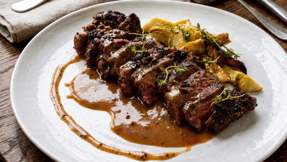 Rib eye v bylinkách a sušeném citronu s grilovanými artyčoky a hovězím jus zase připomíná současnou kuchyni jižní Evropy. Ve způsobu servisu ji ale kombinuje s výrazně americkým dojmem - velkým kusem perfektně ugrilovaného masa se silnou redukcí a důrazem na kouřovost.