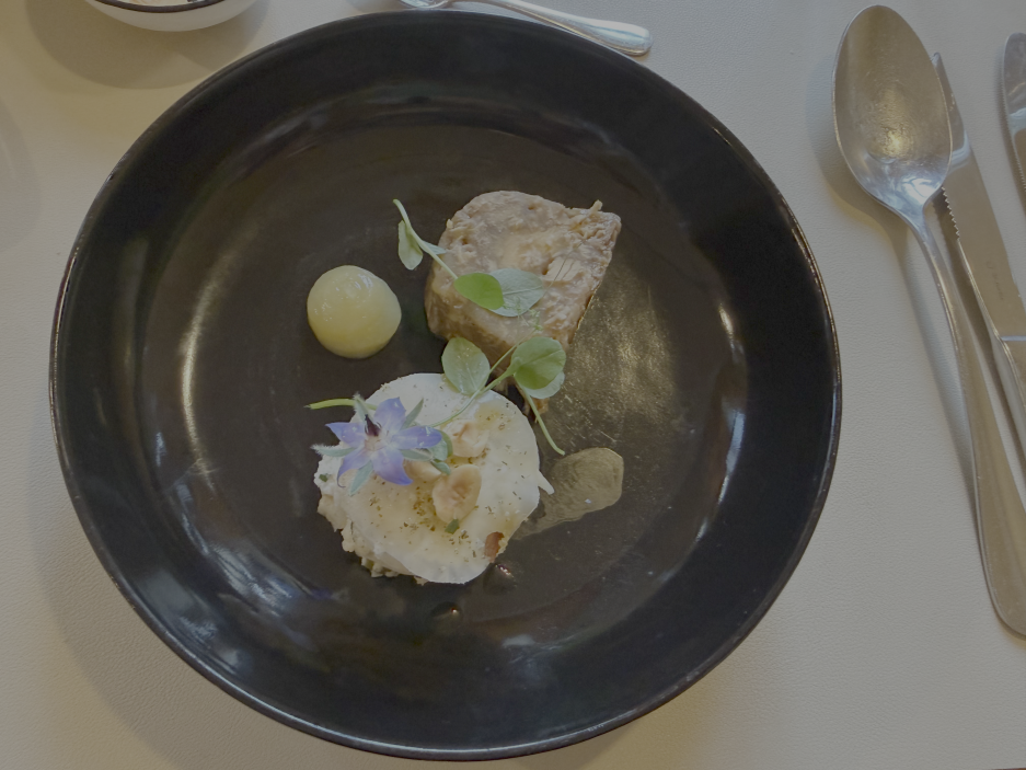 Terina z divoké krůty v jemném želé s celerovým mille-feuille a majonézou s yuzu.