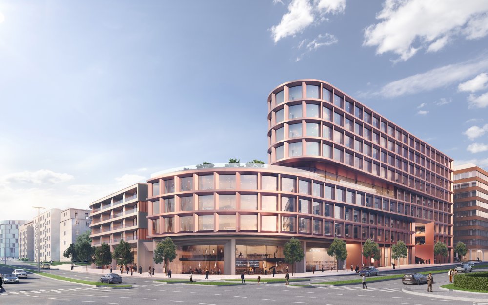 Vizualizace hlavní recepce kancelářeske části budovy Orion na Brumlovce, kterou nyní staví společnost Passerinvest Group