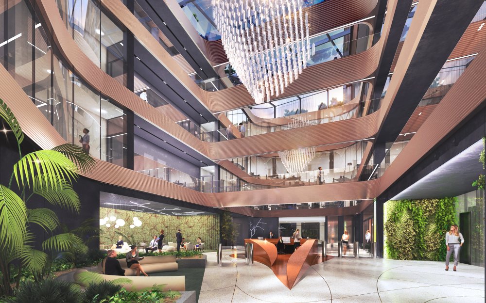 Vizualizace hlavní recepce kancelářeske části budovy Orion na Brumlovce, kterou nyní staví společnost Passerinvest Group
