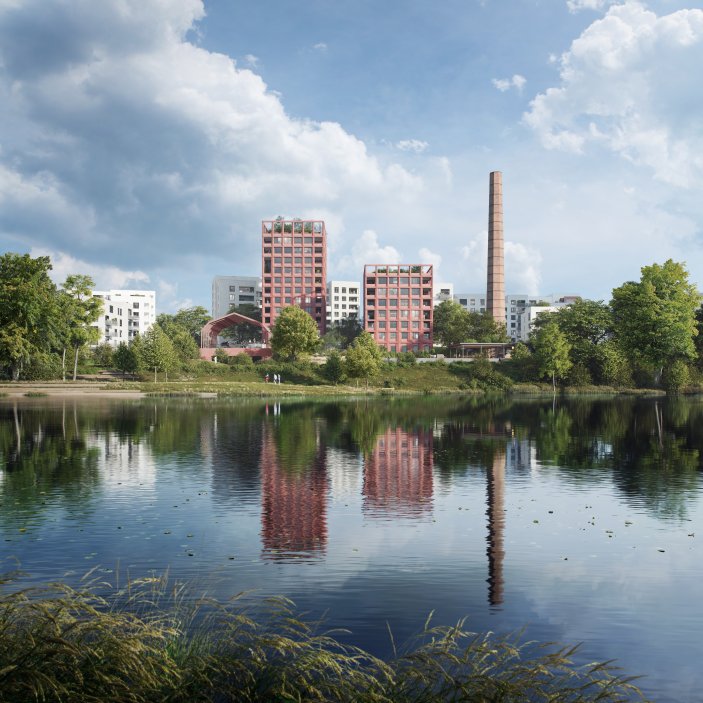 Někdejší tovární komíny v areálu architekti zachovali. 