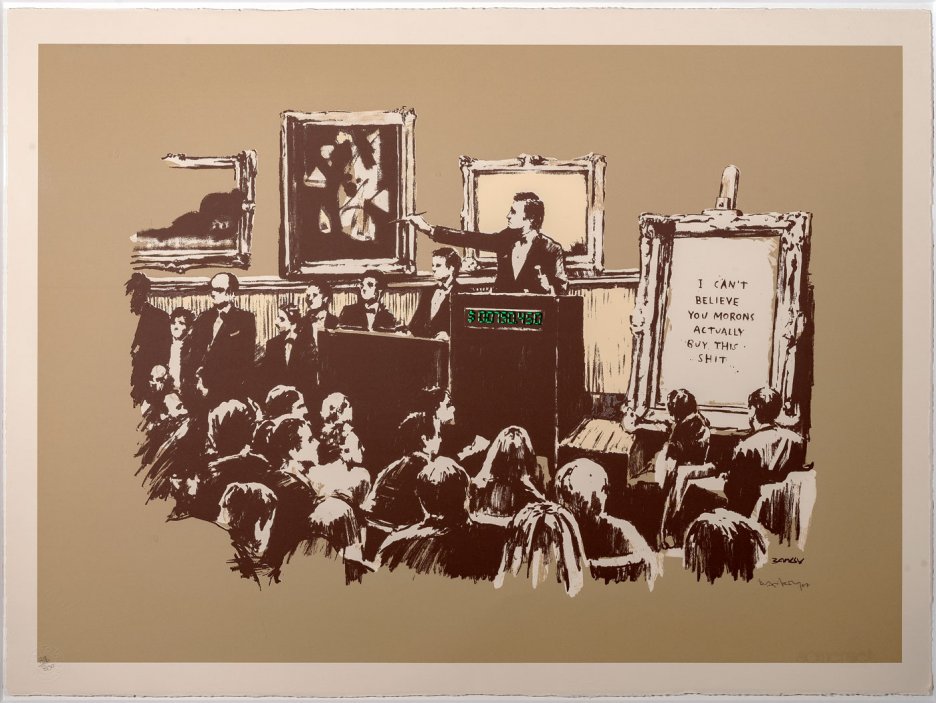 Banksyho obraz Morons je kritikou světa umění. Cenovka? 3,5 milionu korun.
