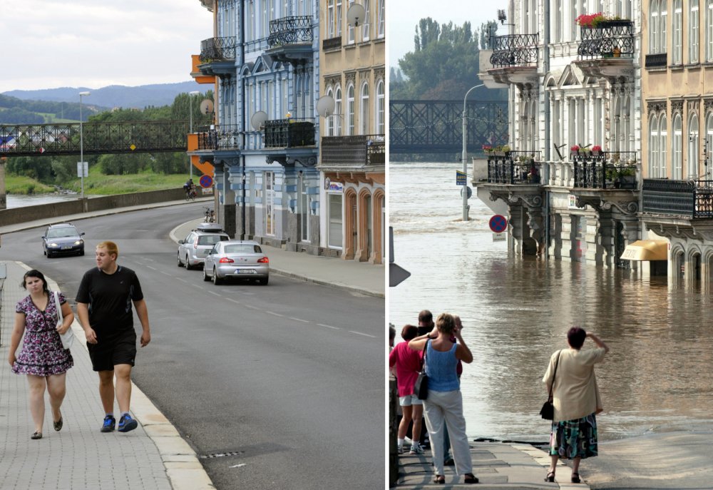 Na snímku vpravo je pohled na rozvodněné Labe a zaplavené domy na nábřeží 17. srpna 2002 v Děčíně, snímek vlevo zachycuje podobu téhož místa o deset let později..