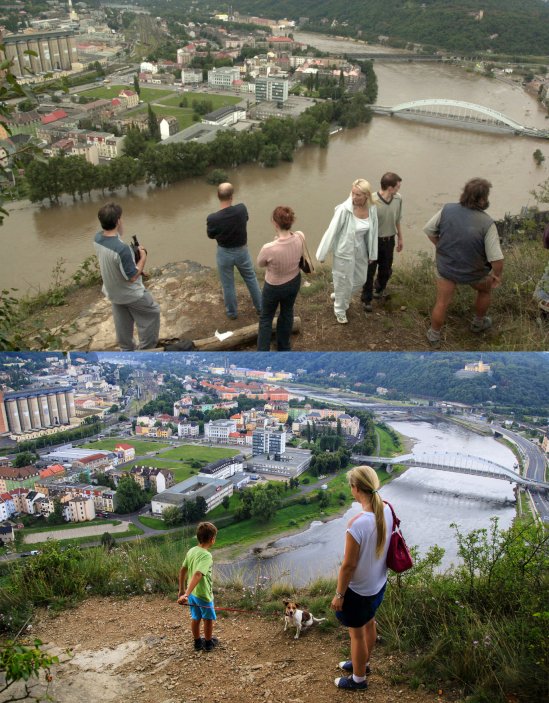 Na horním snímku z 14 . srpna 2002 obyvatelé Ústí nad Labem přicházeli na Mariánskou skálu sledovat stoupající hladinu Labe, spodní snímek zachycuje  podobu téhož místa z 22. července 2017.