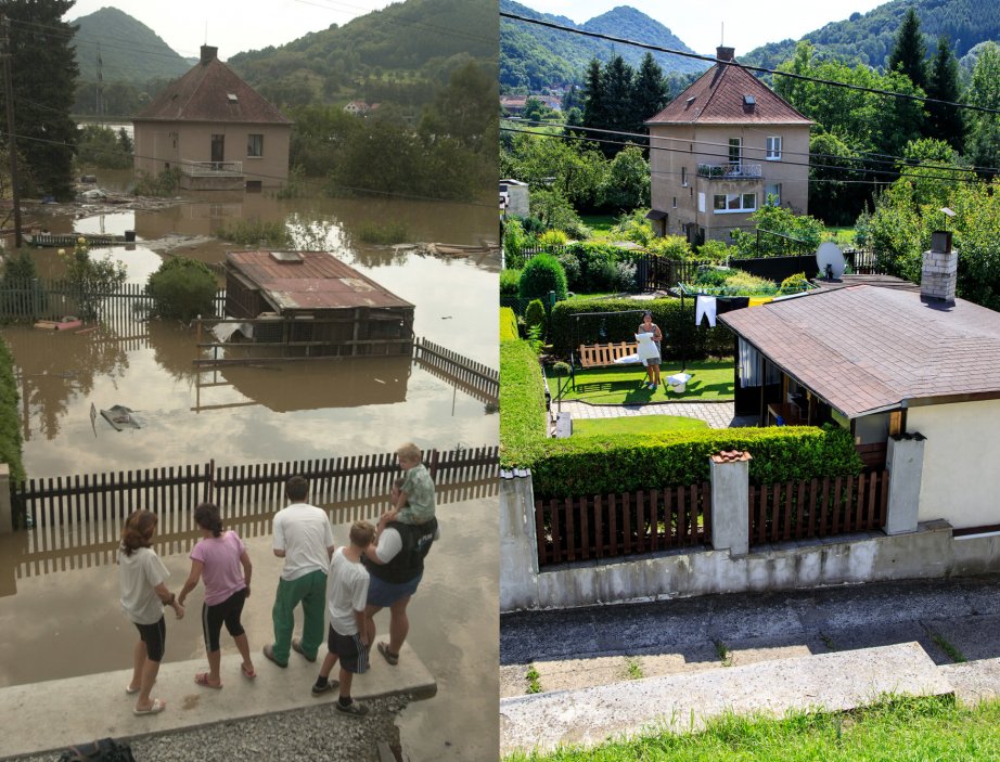 Před 15 lety zasáhly Ústecký kraj velké povodně. Na snímku vlevo z 16. srpna 2002 rozvodněné Labe zatopilo obec Povrly na Ústecku, snímek vpravo zachycuje podobu téhož místa z 29. července 2017.