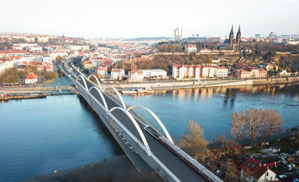 Vítěžný návrh soutěžního dialog u na podobu Vyšehradského železničního mostu.